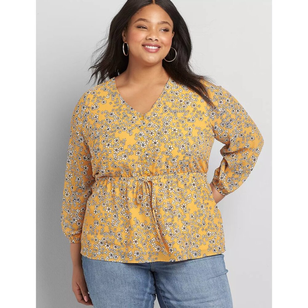 Lane Bryant Yellow Floral Peplum Blouse V-Neck Button Front Plus Size 26